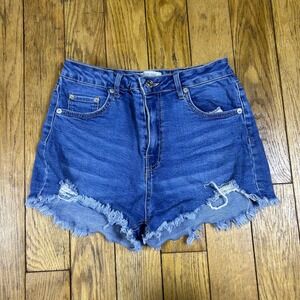 Love Tree Denim High Waisted Jean Shorts Medium Wash Frayed Raw Hem Womens M